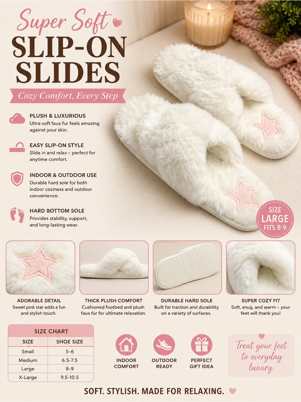 lola Cream Plush Slip-On Slides with Pink Star Accent